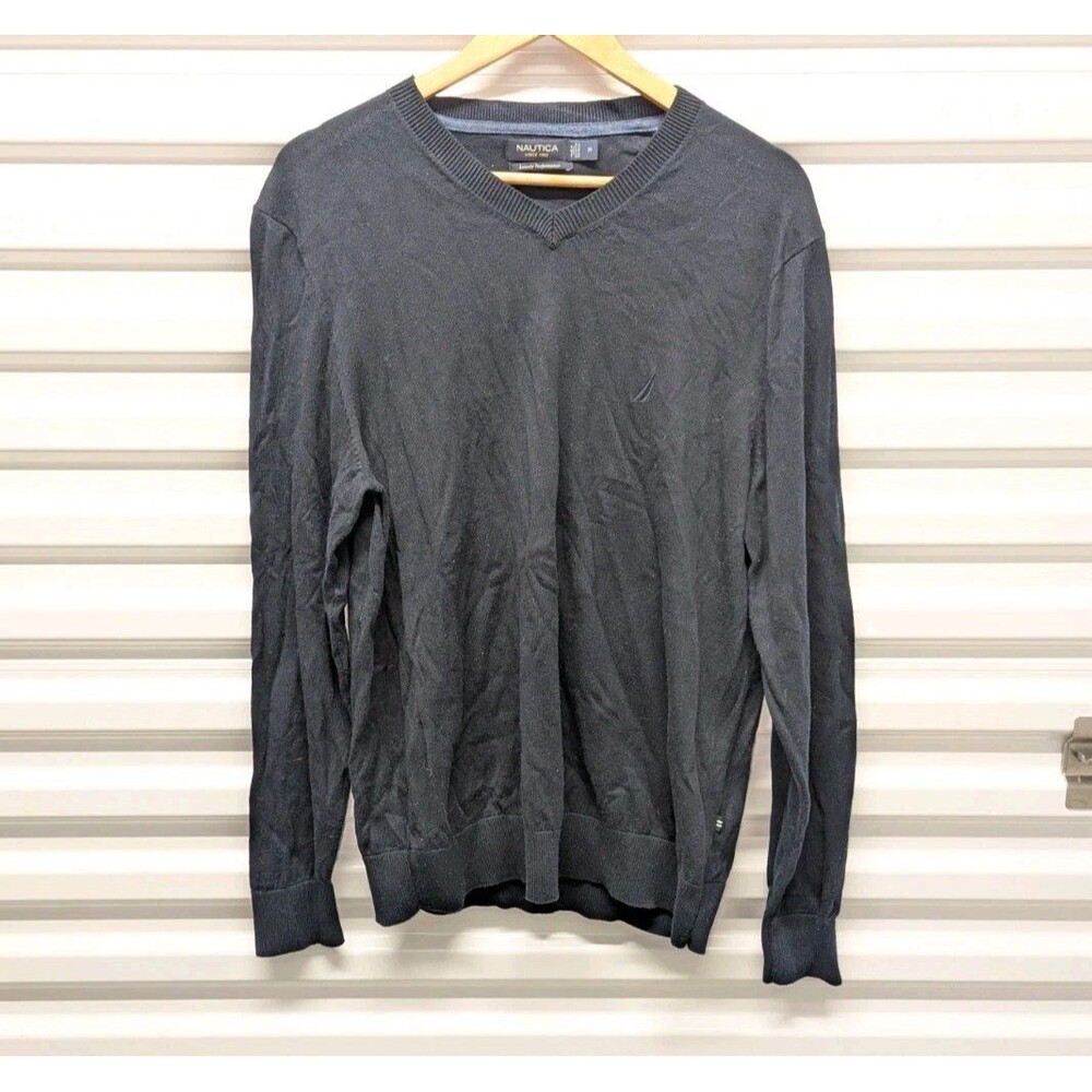 Nautica Sweater Navy Blue V-Neck Lightweight Pullover Luxury Performance Medium